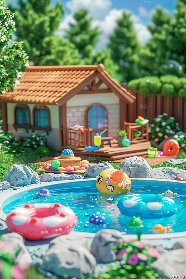 C4D泳池夏日氛围模型