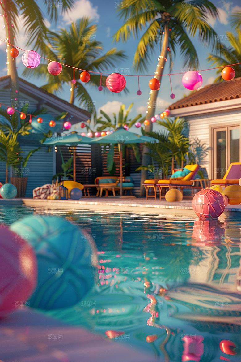 C4D泳池3D夏日模型