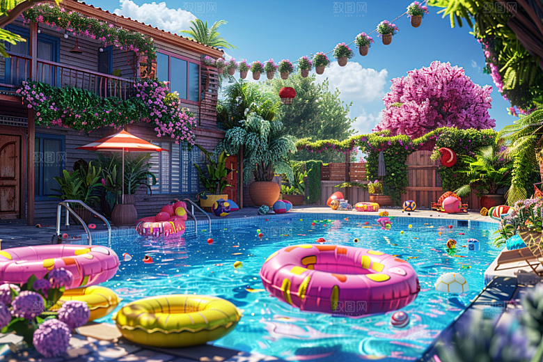 C4D泳池别墅夏日模型