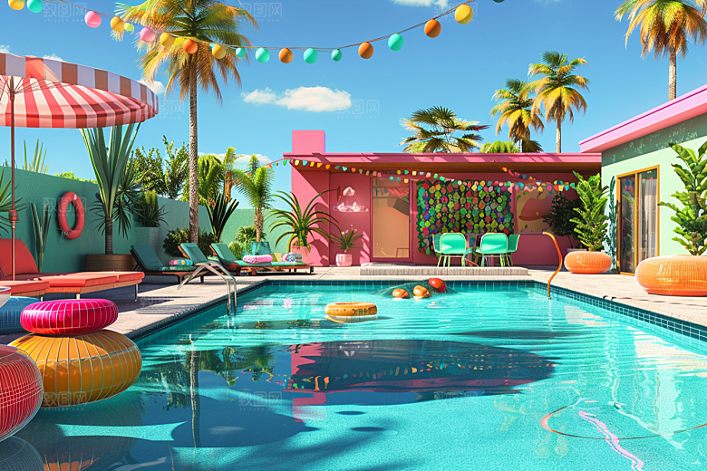C4D泳池度假夏天模型