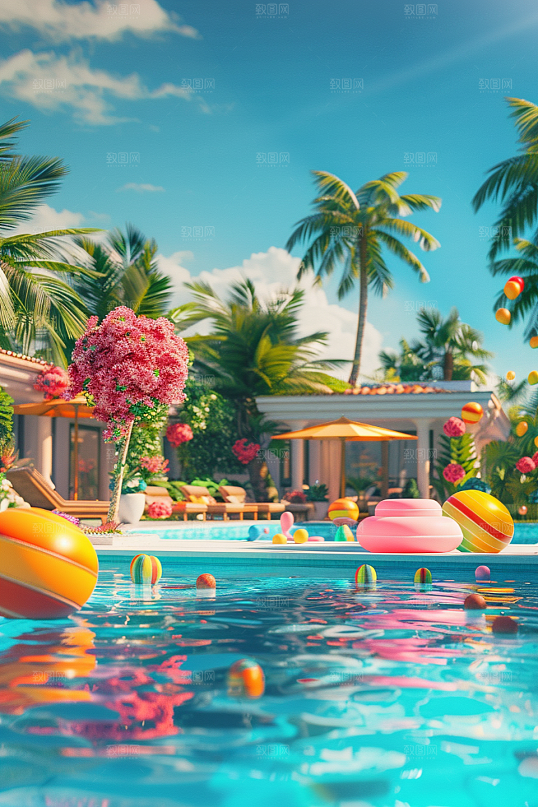 C4D泳池游泳夏日模型