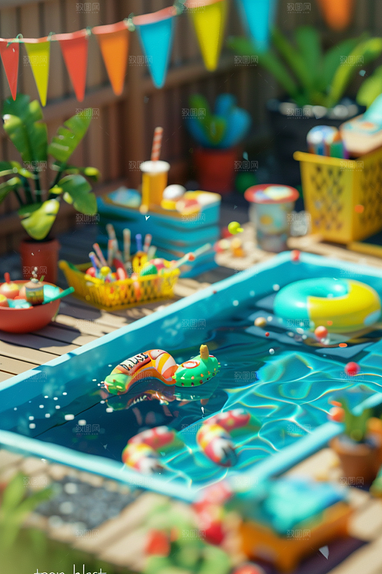 C4D泳池薄荷色氛围模型