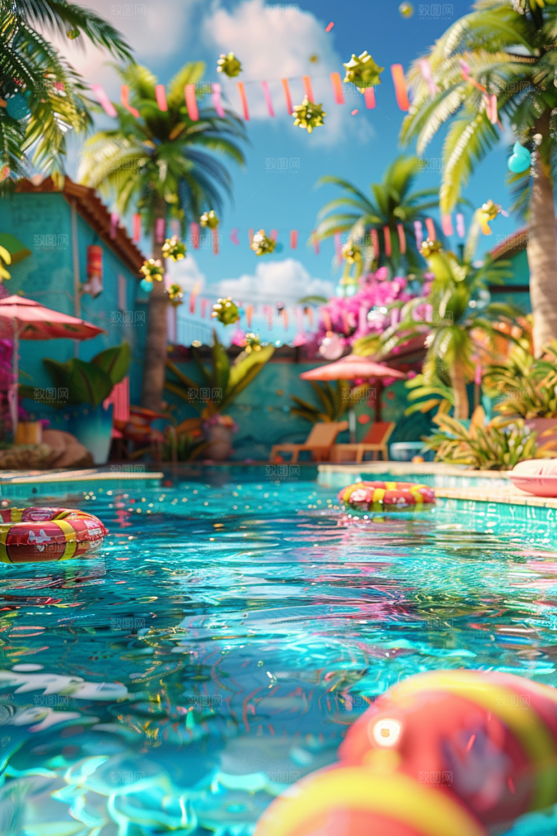 C4D泳池夏日氛围模型