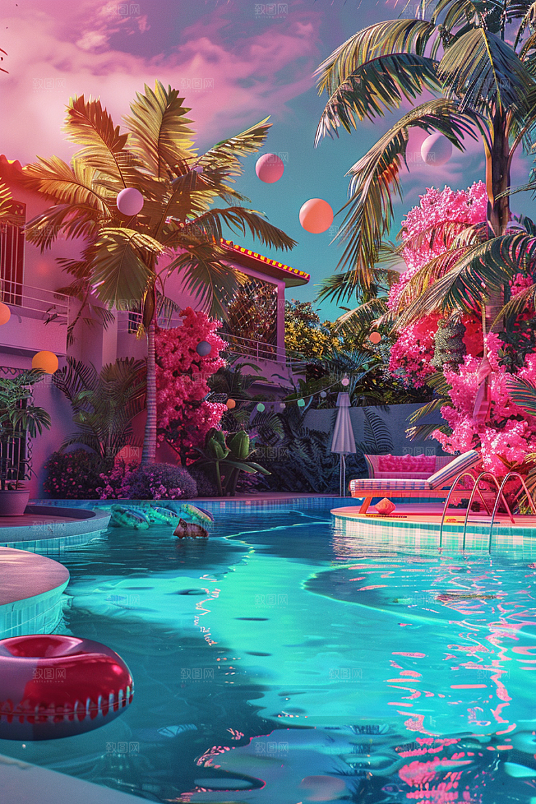 C4D泳池夏日氛围模型