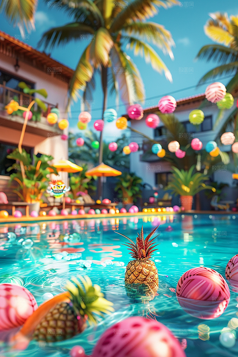 C4D泳池夏日水上乐园模型