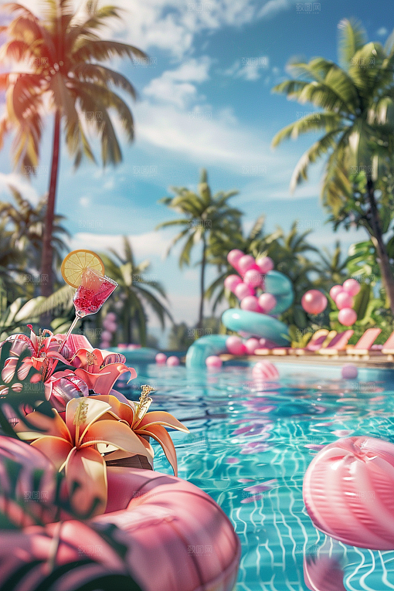 C4D泳池别墅夏天模型
