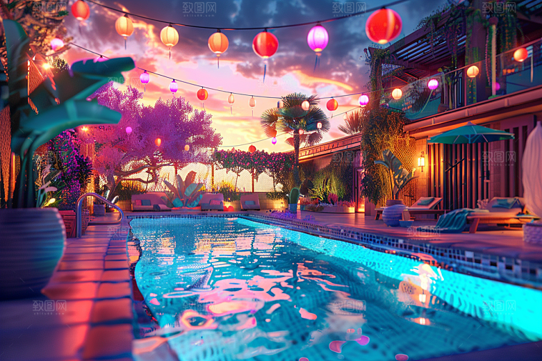 C4D泳池立体度假村模型