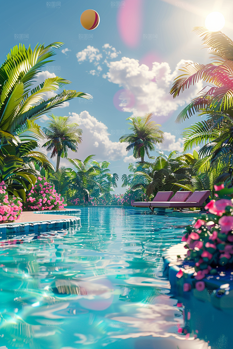 C4D泳池度假夏天模型