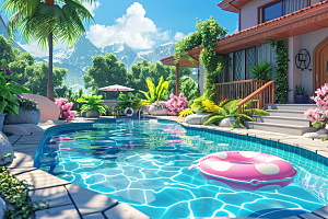 C4D泳池海岛旅游度假模型