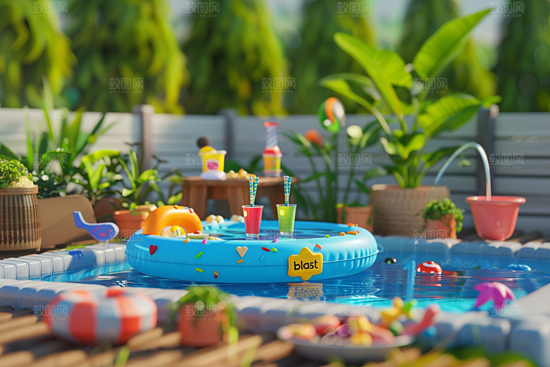 C4D泳池水上乐园氛围模型