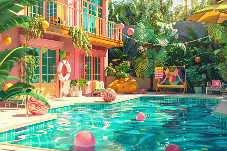 C4D泳池轰趴夏日模型