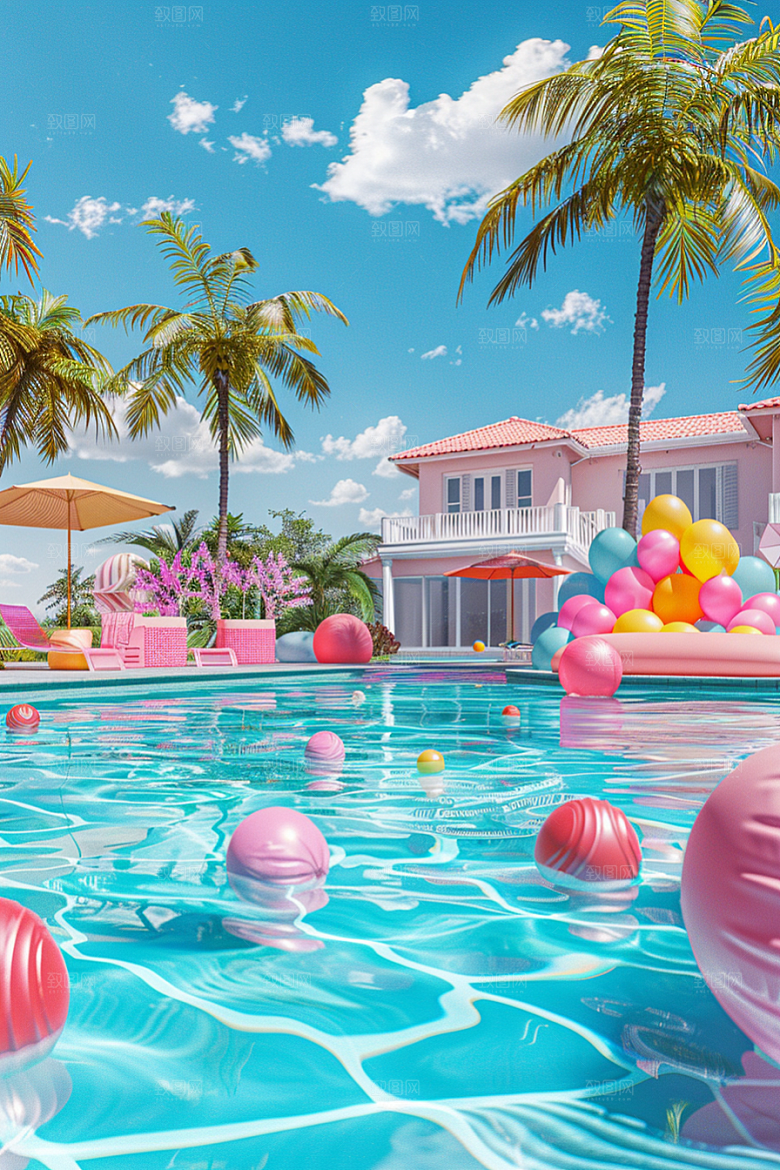 C4D泳池夏日度假村模型
