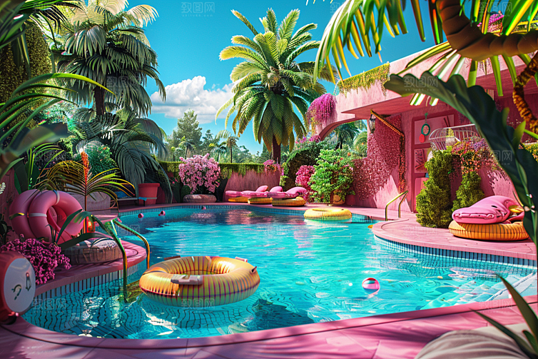 C4D泳池夏日水上乐园模型