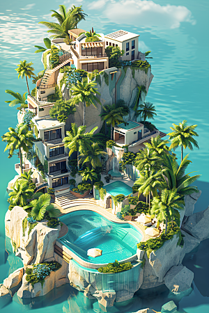 C4D泳池玩水海岛模型