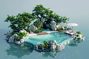 C4D泳池度假夏季模型