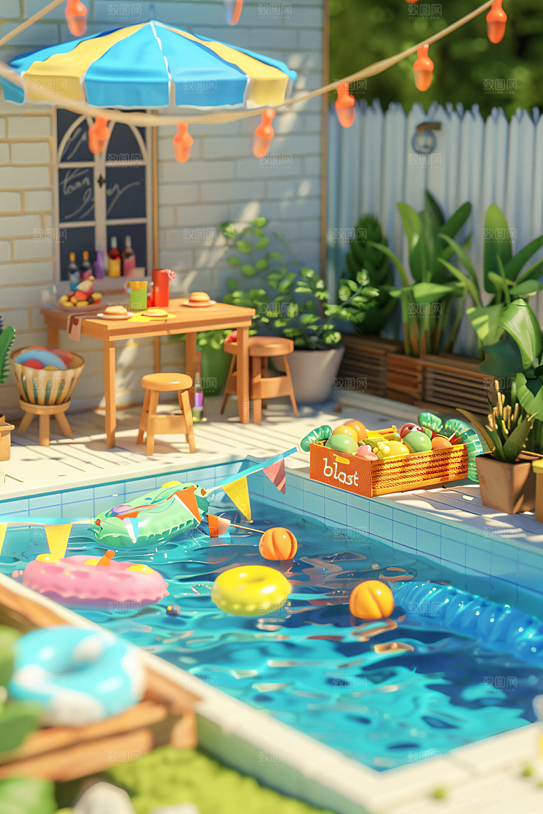 C4D泳池玩耍夏日模型