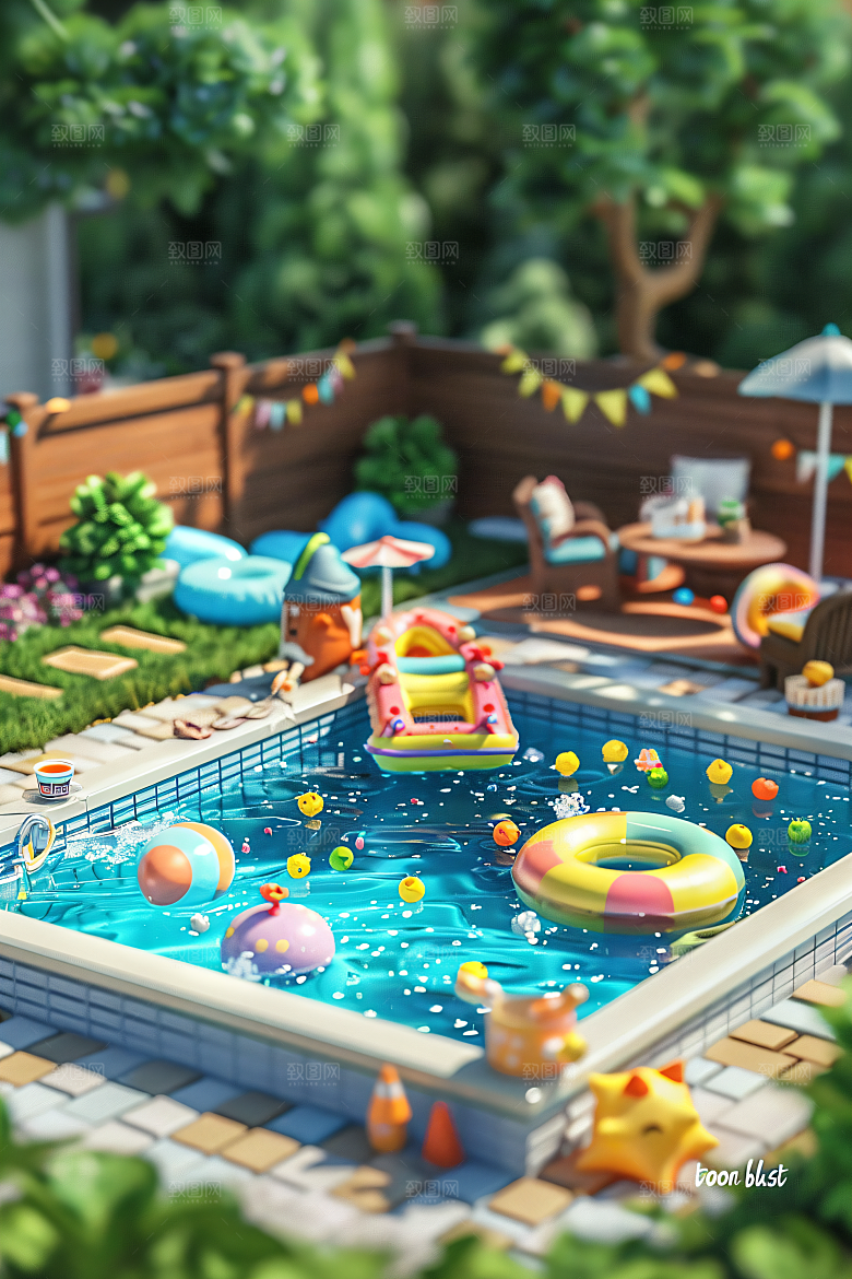 C4D泳池夏日玩水模型