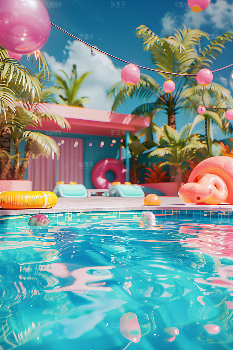 C4D泳池清爽夏日模型