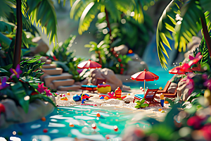 C4D泳池3D夏日模型