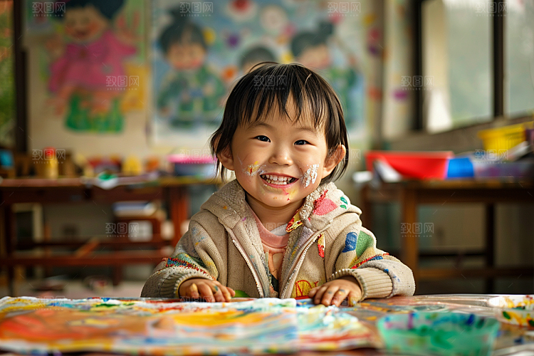 幼儿园里的小朋友上学肖像摄影图