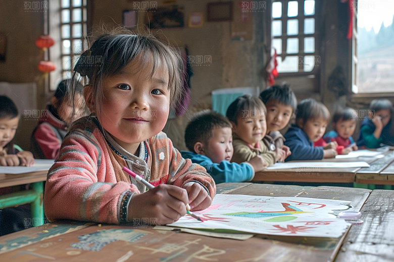 幼儿园里的小朋友上学肖像摄影图