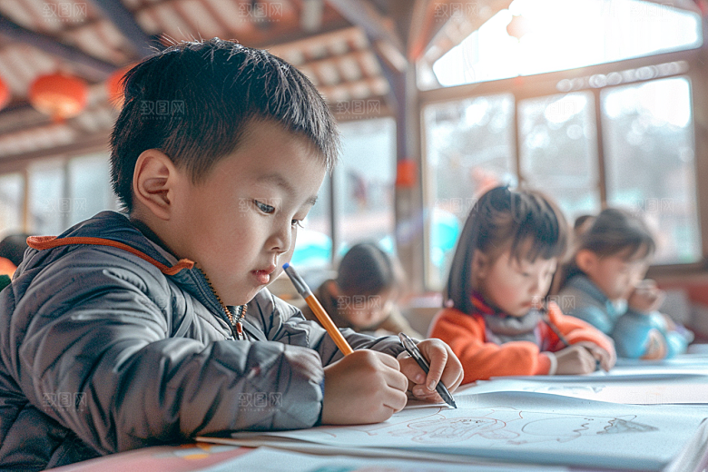 幼儿园里的小朋友童真上学摄影图