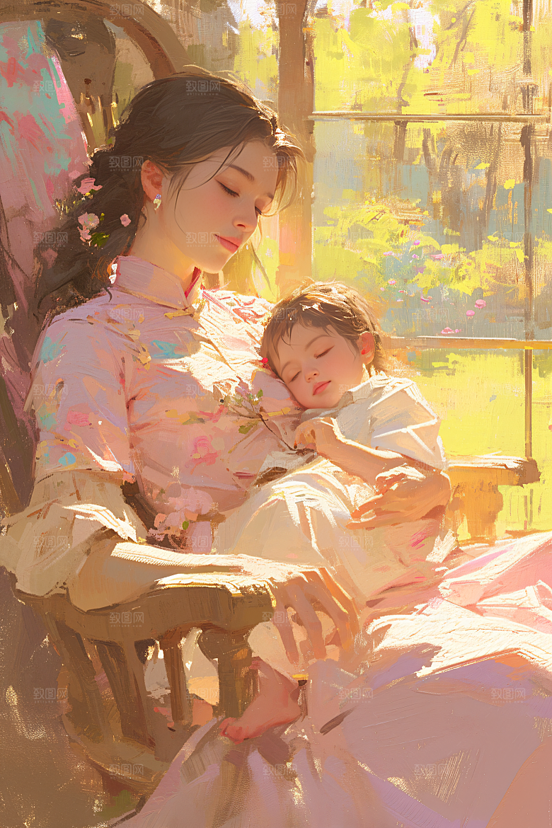母亲节氛围感温情母亲与孩子油画