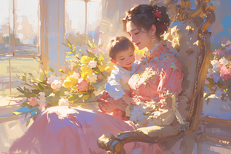 母亲节氛围感母爱亲子油画