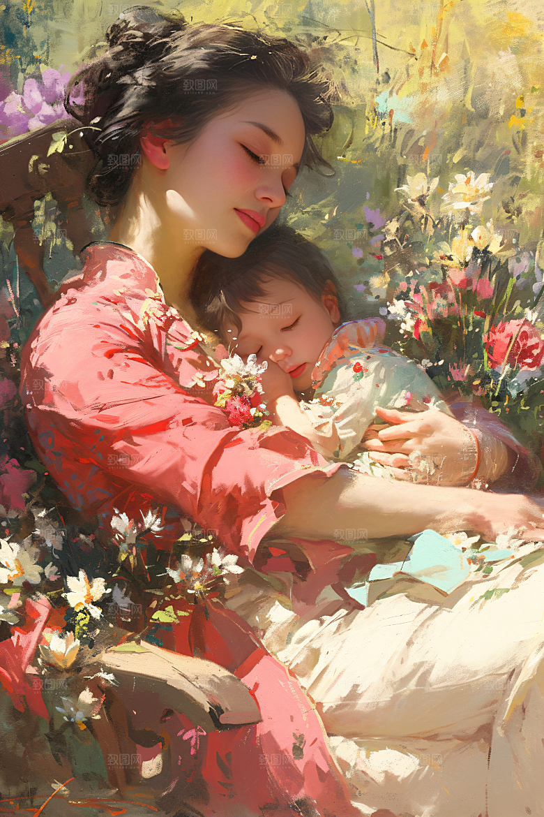 母亲节氛围感母亲与孩子母爱油画