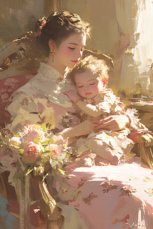 母亲节氛围感母亲与孩子亲情油画