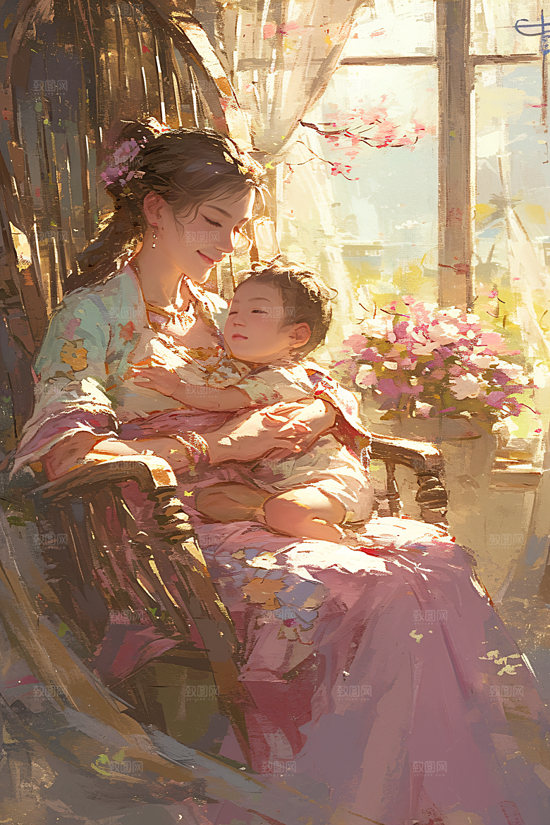 母亲节氛围感人物母子油画