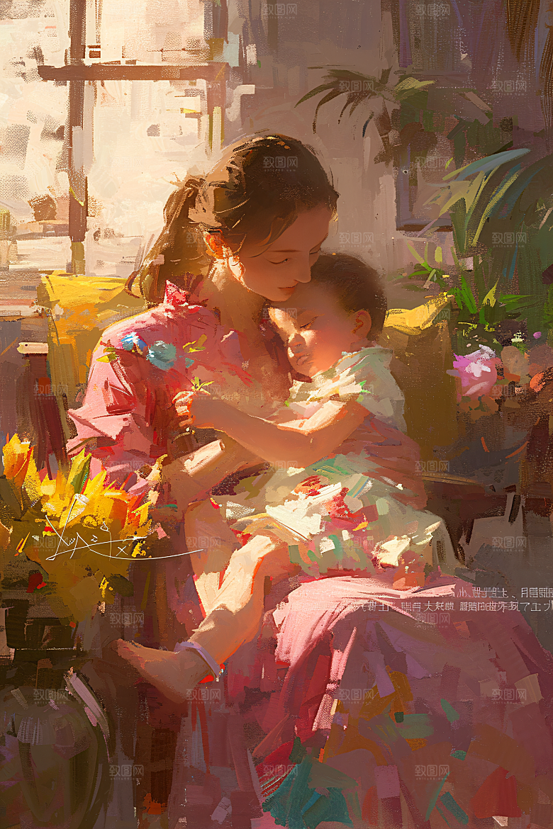母亲节氛围感人物母亲与孩子油画