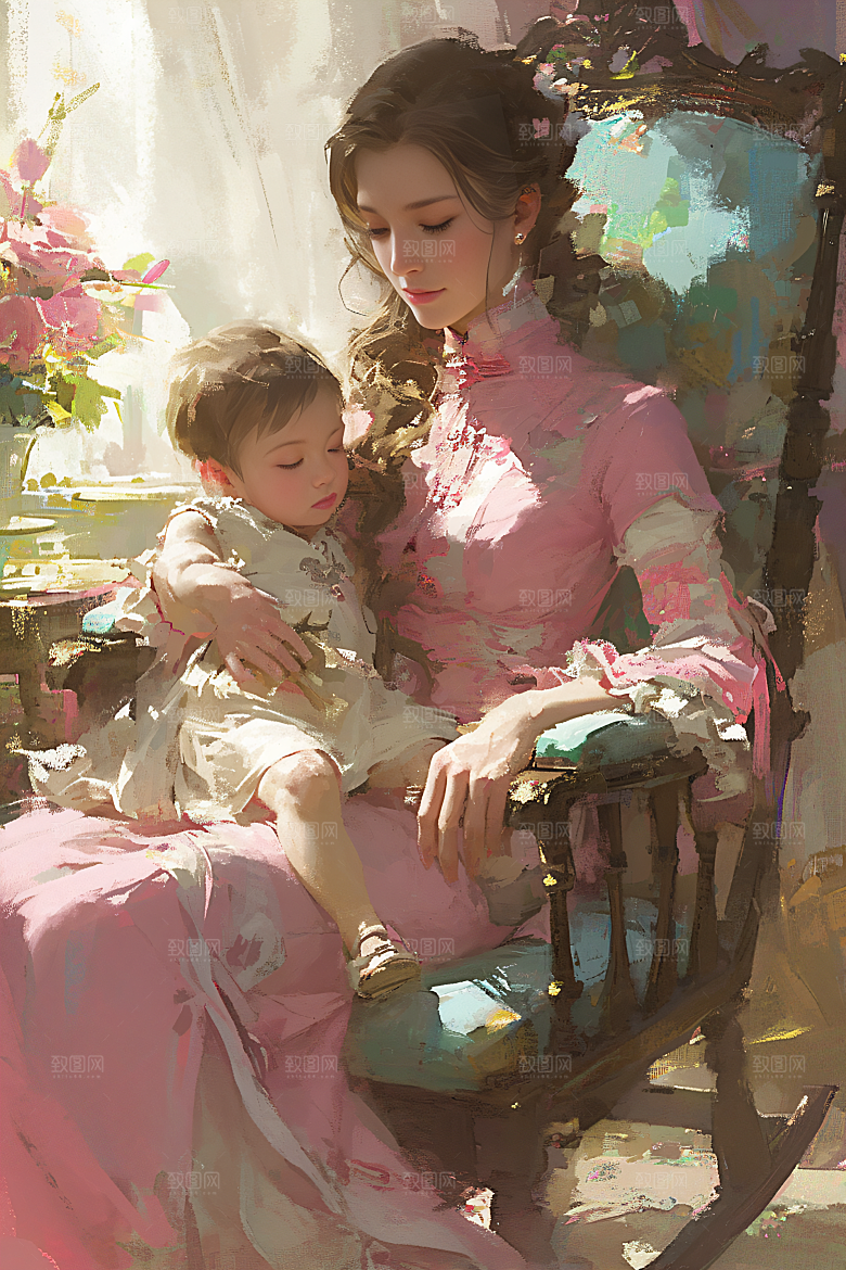 母亲节氛围感亲子母亲与孩子油画