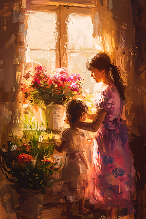 母亲节氛围感亲情母亲与孩子油画