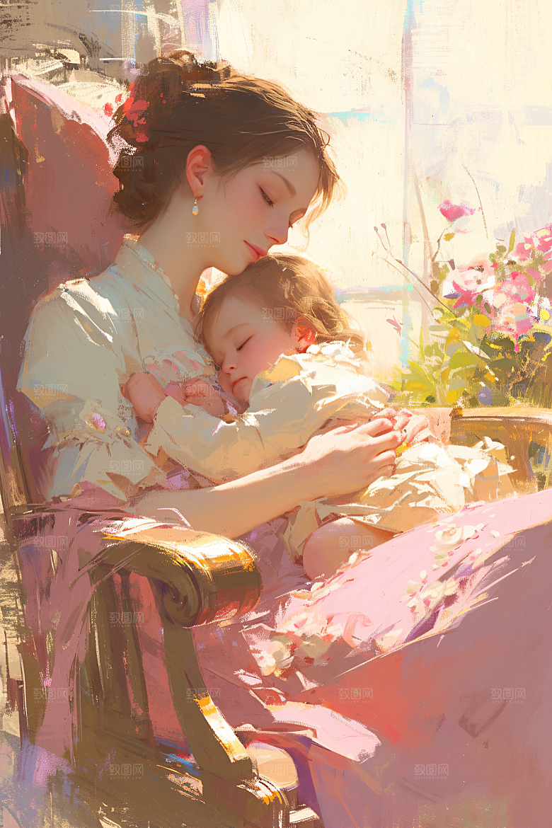 母亲节氛围感温情人物油画