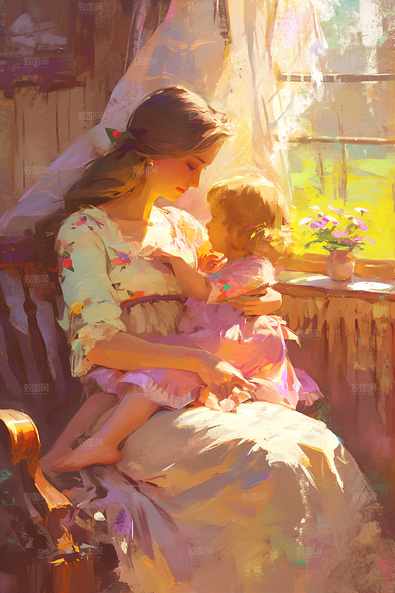 母亲节氛围感母子手绘油画