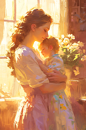 母亲节氛围感母亲与孩子母爱油画