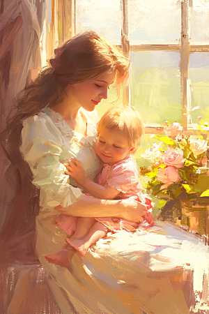 母亲节氛围感亲子温馨油画