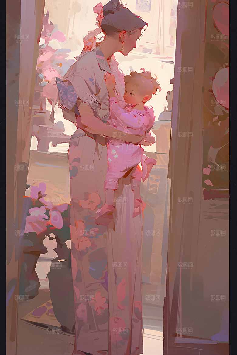 母亲节氛围感母子家庭油画