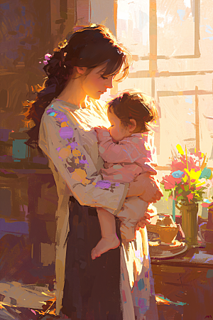 母亲节氛围感母子家庭油画