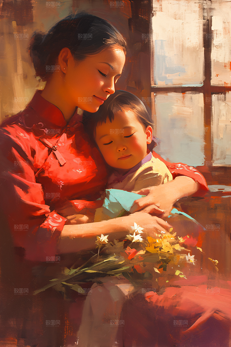 母亲节氛围感手绘母亲与孩子油画