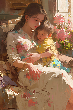母亲节氛围感母亲与孩子家庭油画