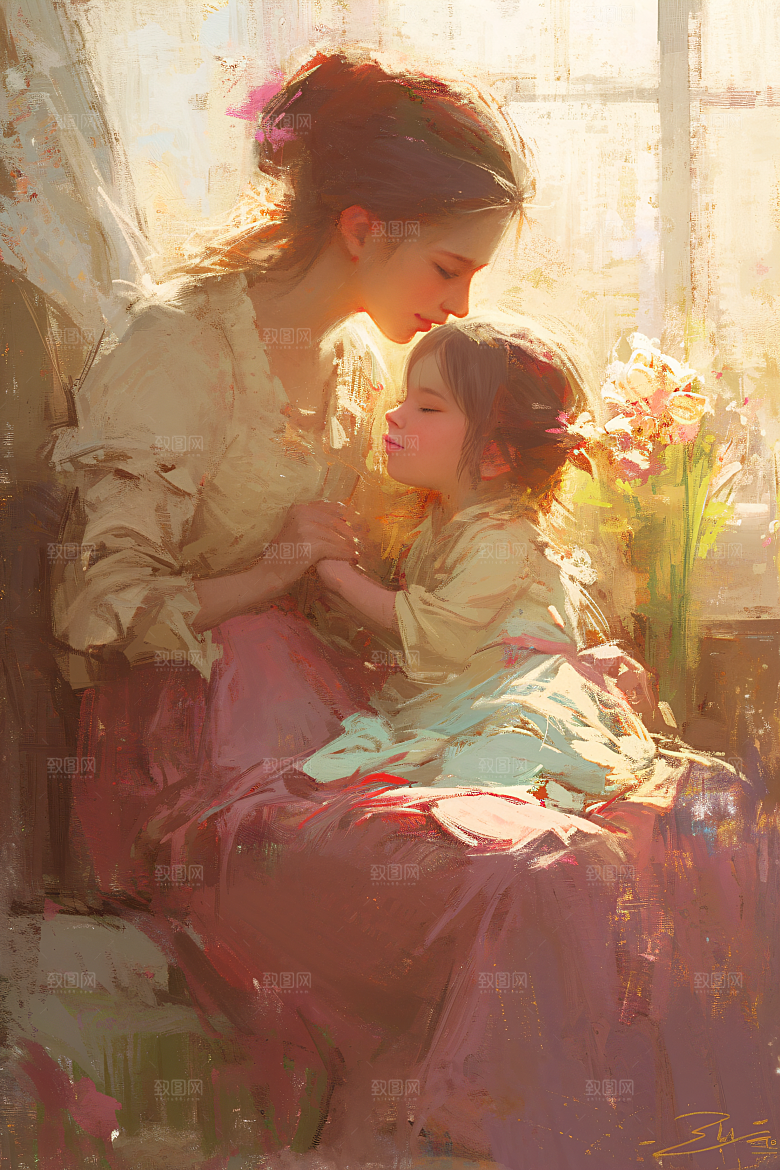 母亲节氛围感母子温馨油画