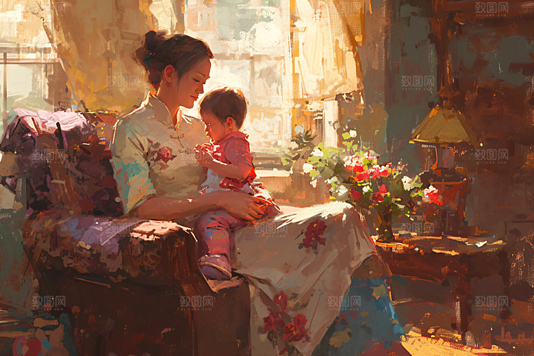 母亲节氛围感母亲与孩子家庭油画