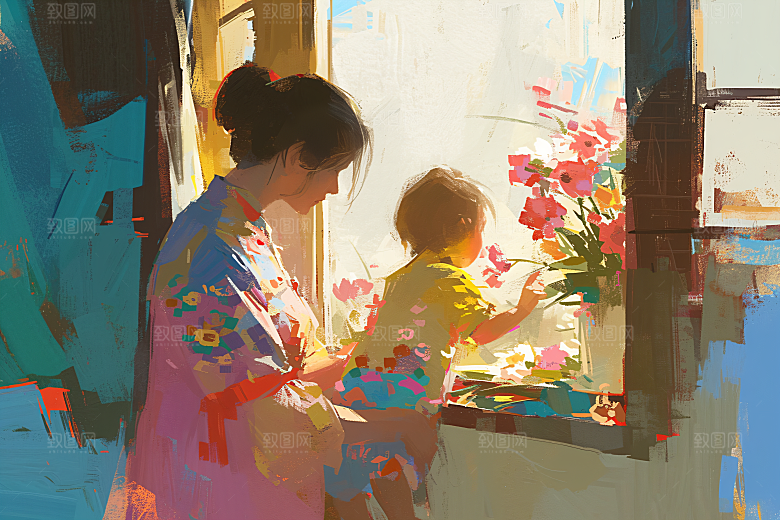 母亲节氛围感亲情母子油画