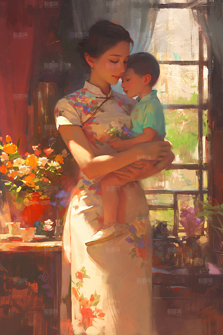母亲节氛围感家庭人物油画