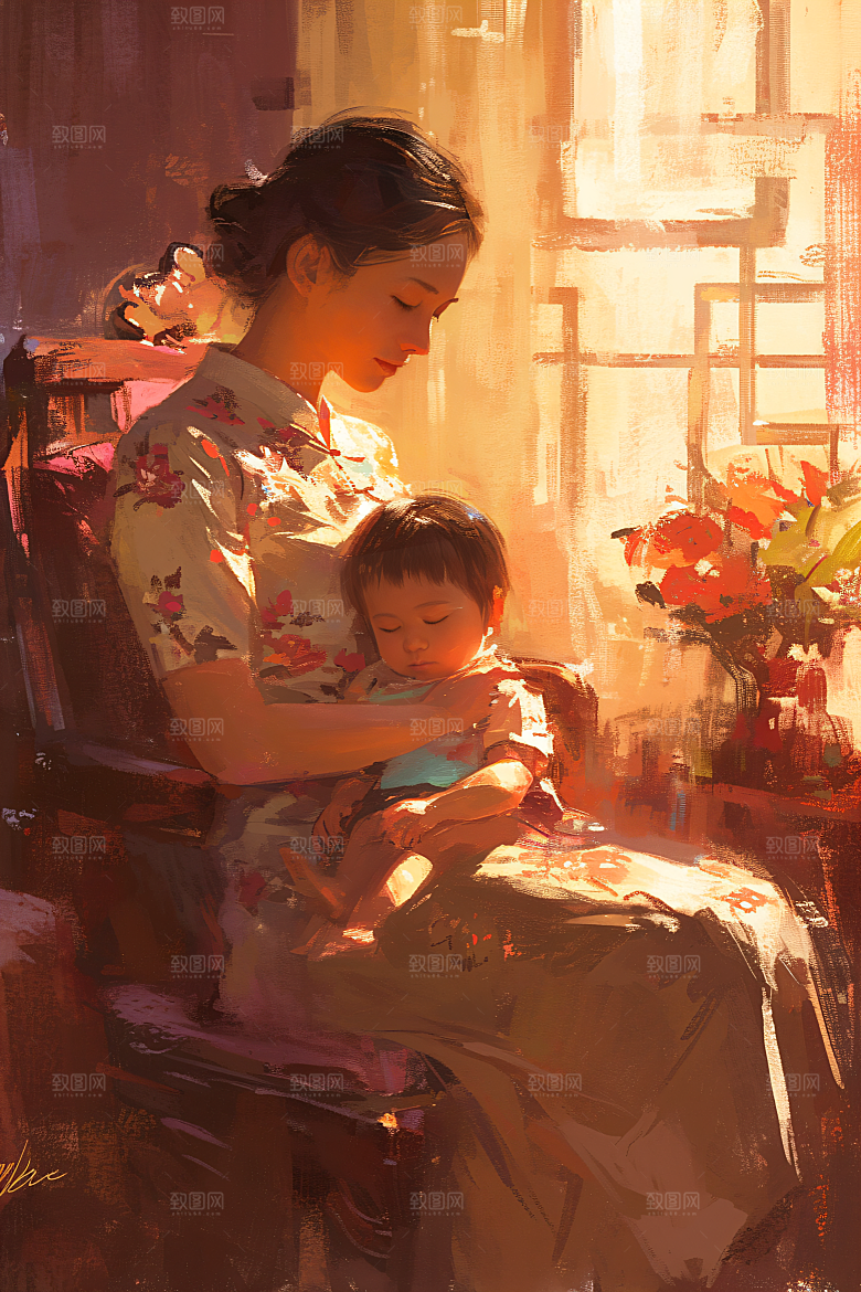 母亲节氛围感母亲与孩子母子油画