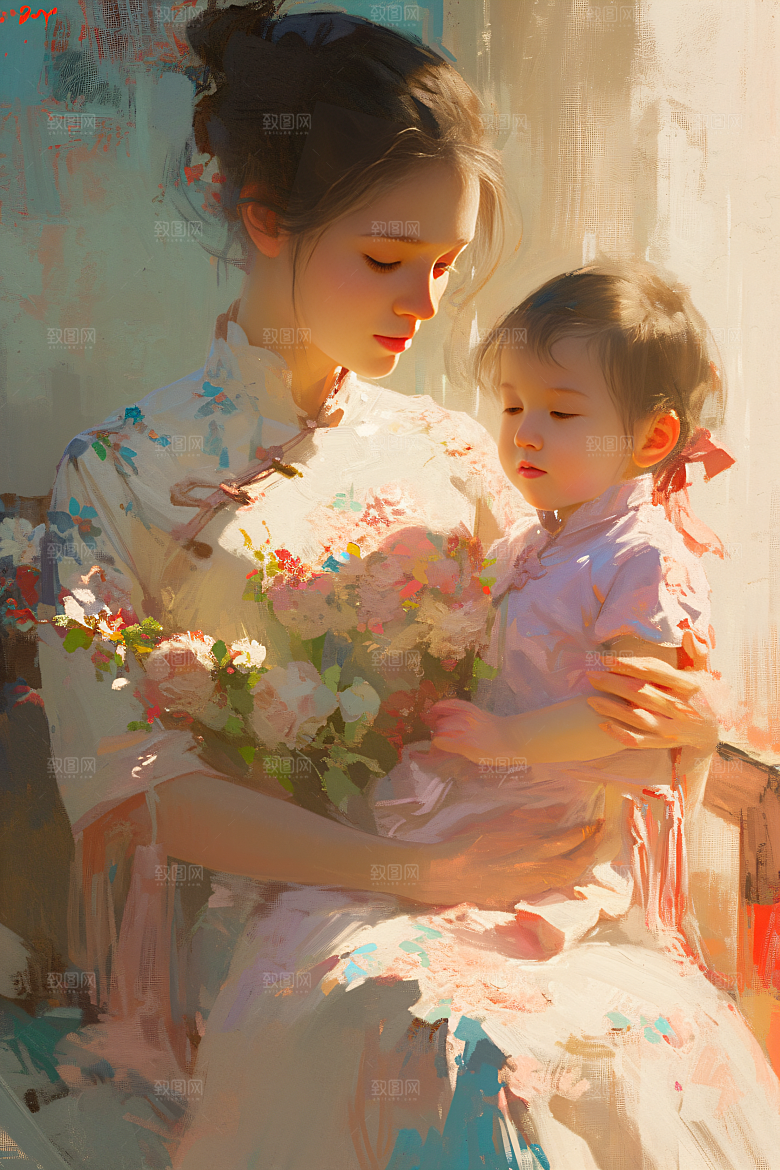母亲节氛围感母子手绘油画