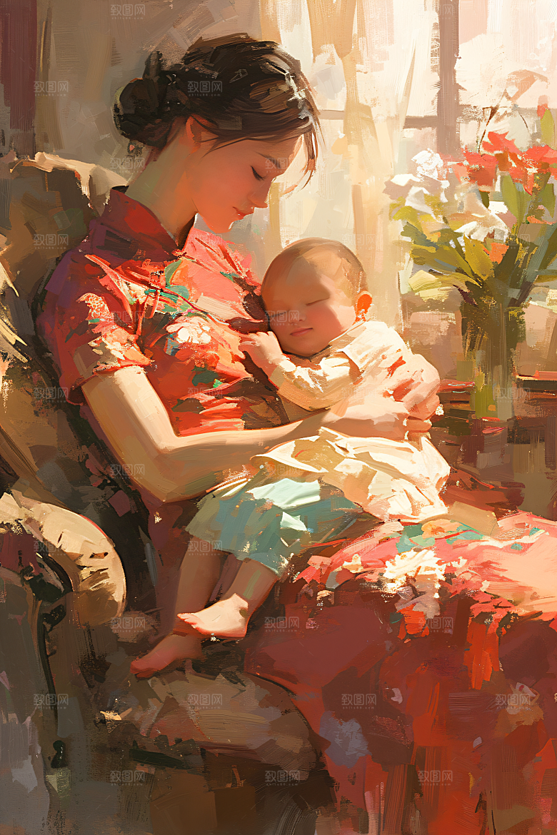 母亲节氛围感母子人物油画