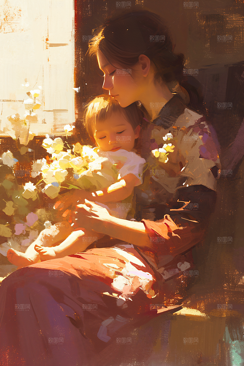 母亲节氛围感温馨母亲与孩子油画